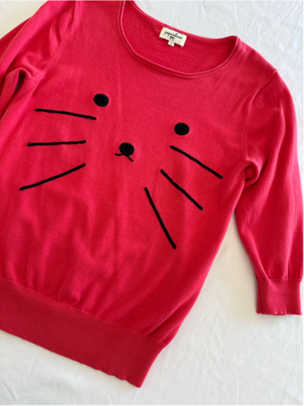 Women's Pepaloves Cat Face Sweater Size S Red Black - Picture 3 of 9